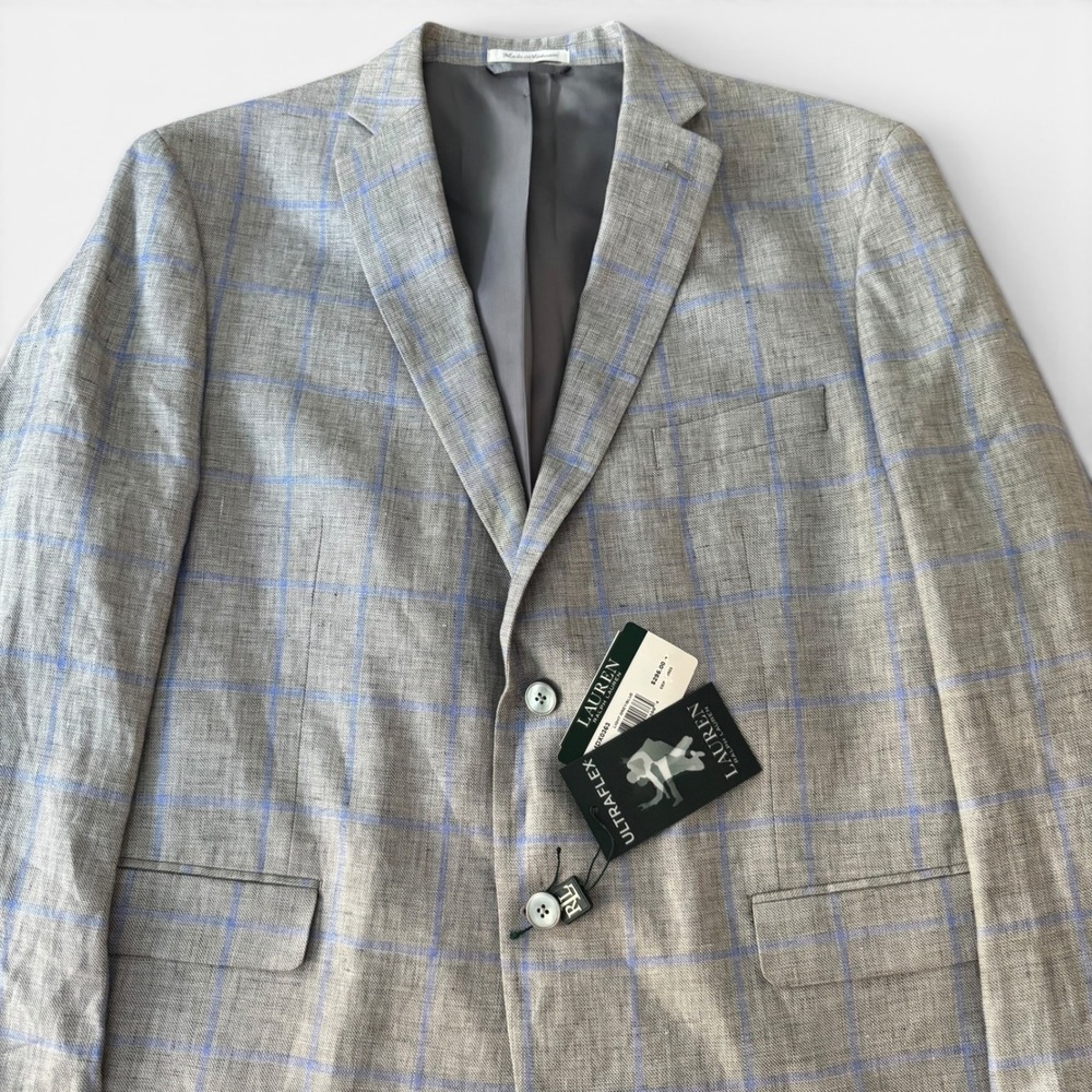 Ralph Lauren Linen Blazer NWT Men 48R Grey Ultraflex Lassiter Windowpane Coat